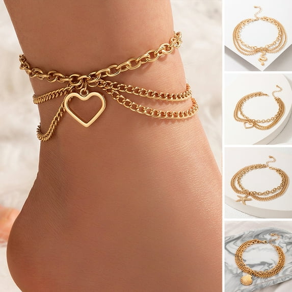 rygai Chain Anklet Adjustable Anti-rust Multi-layered Extended Chain Alloy Retro Snake Heart Pentagram Shell Pendant Foot Chain Party Supply,Pentagram