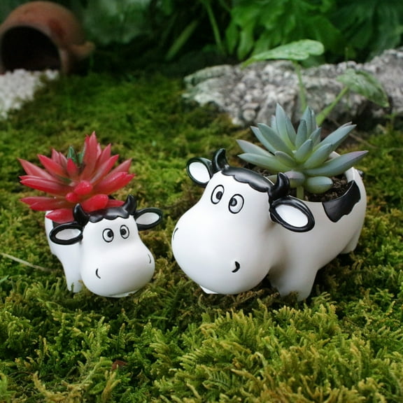 rygai Cow-Shaped Resin Planter - Hand-Painted Succulent Pot with Whimsical Design, Durable Weatherproof Flower Pot for Cactus, Mini Plants, and Home Decor