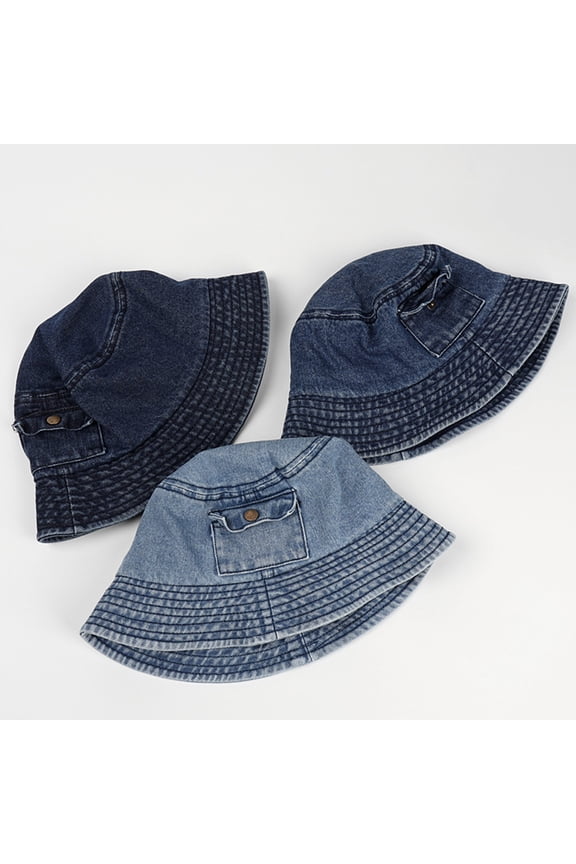 Denim Sun Hat Flat Top Lightweight Pocket Decor Bucket Hat for Daily Life Light Blue