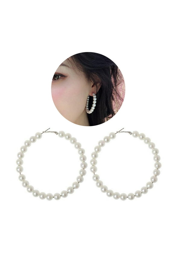 Elegant Lady Faux Pearl Big Circle Dangle Hoop Earrings Statement Jewelry Gift,White