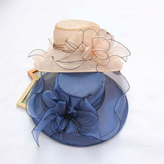 rygai Elegant Lady Wide Brim Flower Sun Hat Women Wedding Tea Party Church Travel Cap Khaki