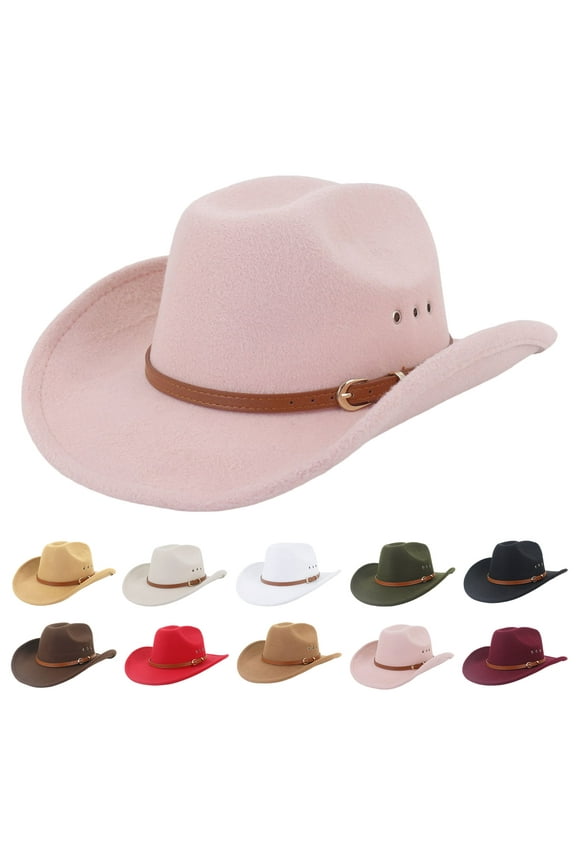 Ethnic Style Wide Brim Hemming Faux Leather Belt Decor Jazz Hat Western Cowboy Cowgirl Fedora Hat Fashion Accessories,Camel