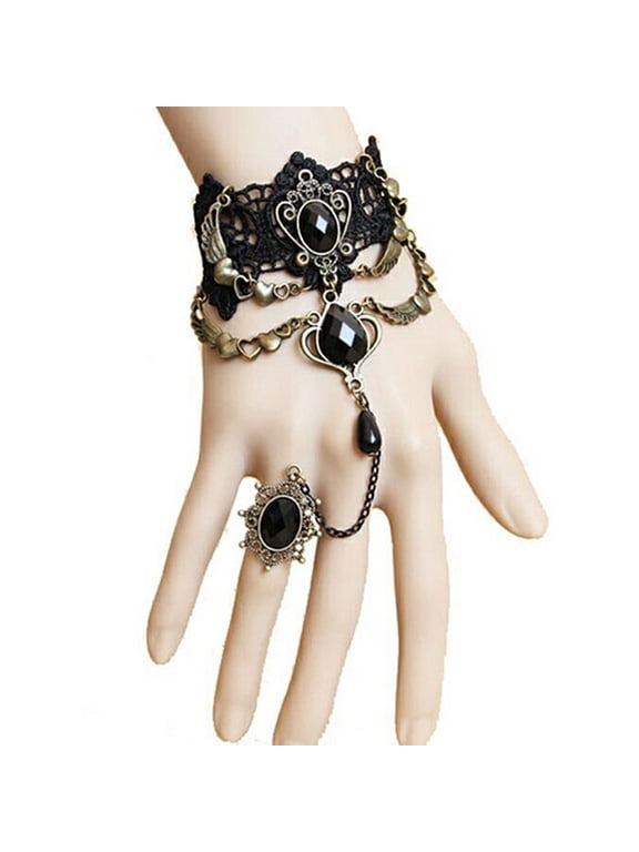 Faux Gem Black Lace Ring Bracelet Women Gothic Punk Style Necklace Bracelet Jewelry Accessory,Bracelet