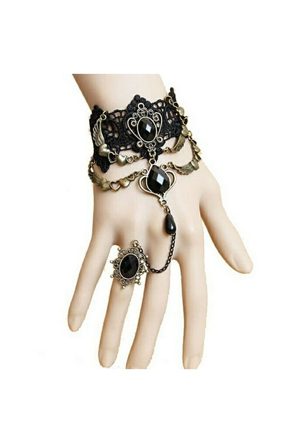 Faux Gem Black Lace Ring Bracelet Women Gothic Punk Style Necklace Bracelet Jewelry Accessory,Bracelet