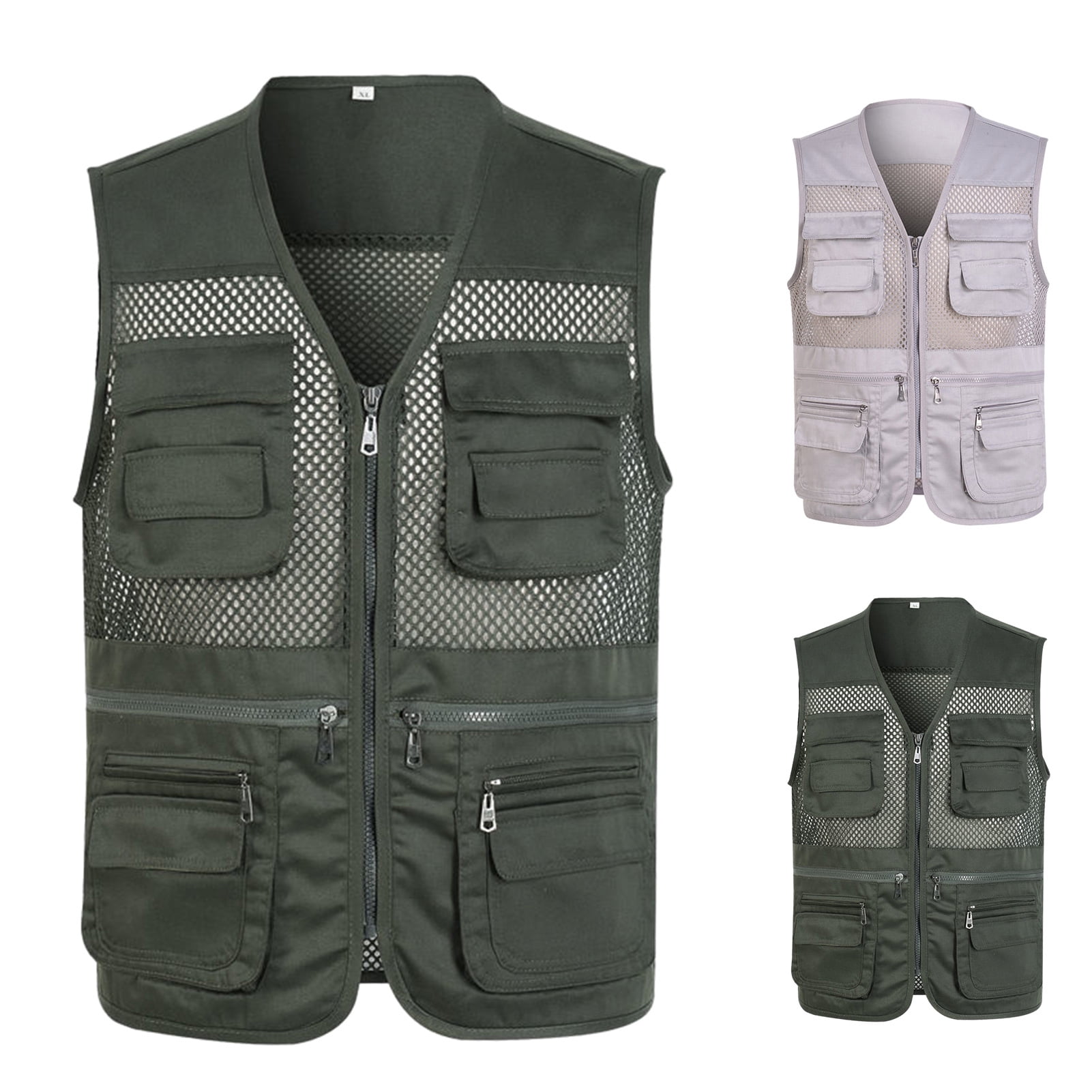 rygai Fishing Vest Solid Color Mesh Plus Size Loose Pure Color Waistcoat  for Outdoor ,Grey,4XL 