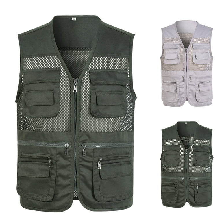 rygai Fishing Vest Solid Color Mesh Plus Size Loose Pure Color Waistcoat  for Outdoor ,Grey,4XL