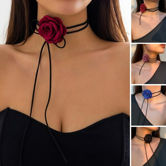 rygai Flower Necklace Long Tassel Solid Color Soft Fabric Rose Choker Elegant Dress-Up Exquisite Neck Wear Collar Women Gift,Wine Red