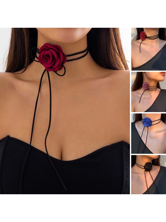 Flower Necklace Long Tassel Solid Color Soft Fabric Rose Choker Elegant Dress-Up Exquisite Neck Wear Collar Women Gift,Wine Red