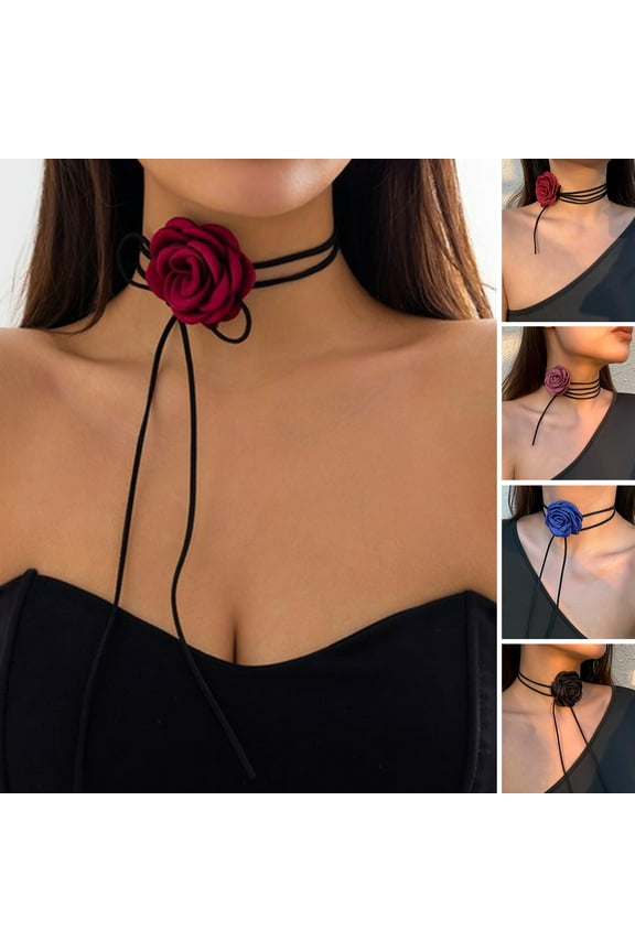 Flower Necklace Long Tassel Solid Color Soft Fabric Rose Choker Elegant Dress-Up Exquisite Neck Wear Collar Women Gift,Wine Red