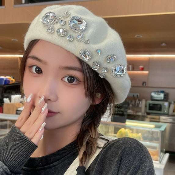 rygai French Beret Thick Rhinestone Decor Solid Color Brimless Thermal Decorative Wool Artist French Style Painter Hat Women Headwear,Pink