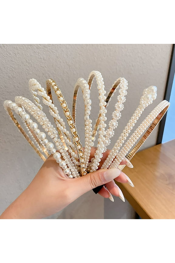 Headband Faux Pearl Smooth Solid Color Elastic Anti-slip Decorative Lightweight Narrow Waved Hair Hoop Hair Accessories,C