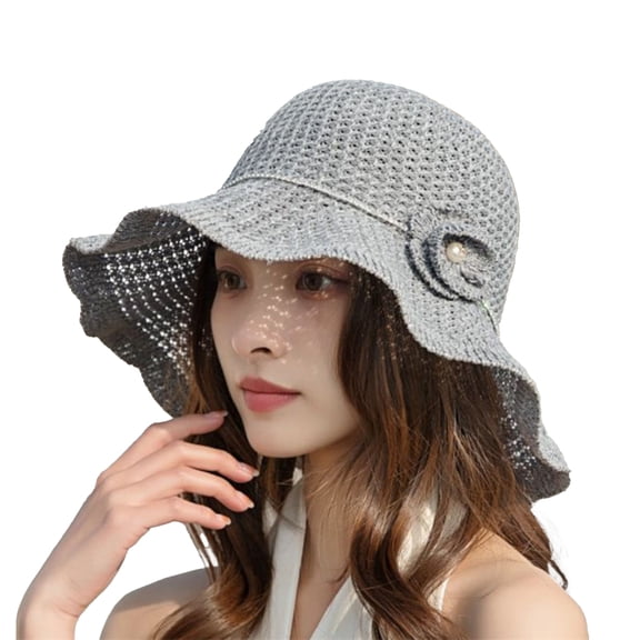 rygai Hollow Out Breathable Faux Pearl Flower Decor Sun Hat Women Big Wave Brim Floppy Bucket Hat Fashion Accessories,Grey