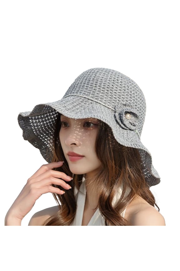 Hollow Out Breathable Faux Pearl Flower Decor Sun Hat Women Big Wave Brim Floppy Bucket Hat Fashion Accessories,Grey