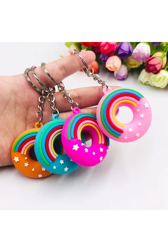Key Ring Cartoon Design Donut Shape Rainbow Decor Hanging Unfading Perfect Gift Vivid Color Children Schoolbag Backpack Key Chain Bag Ornament,Rose Red