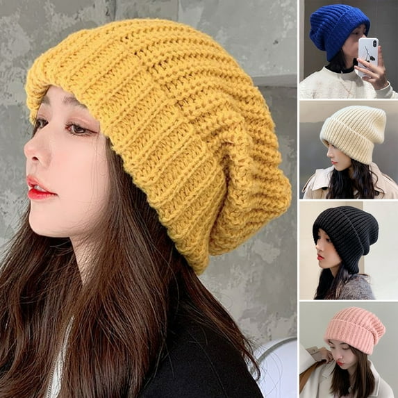 rygai Knitted Hat Baggy Slouchy Ribbed Flanging Stretchy Autumn Winter Women Men Beanie Cap for Outdoor Pink