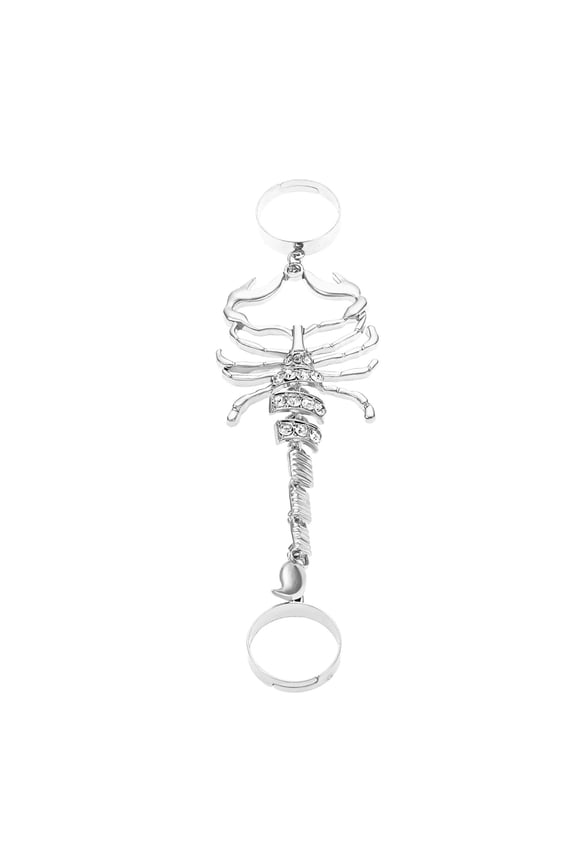 Knuckle Ring Exaggerated Geometric Pattern Shining Punk Style Electroplating Decoration Unfading Rhinestone Scorpion Charm 2 Fingers Ring Gift,Silver