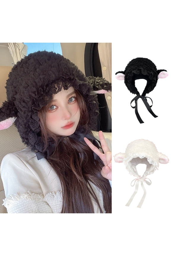 Ladies Hat Photo Prop Sheep Ear Decor Solid Color Fluffy Thick Keep Warm Windproof Adjustable Winter Hat for Students,Black