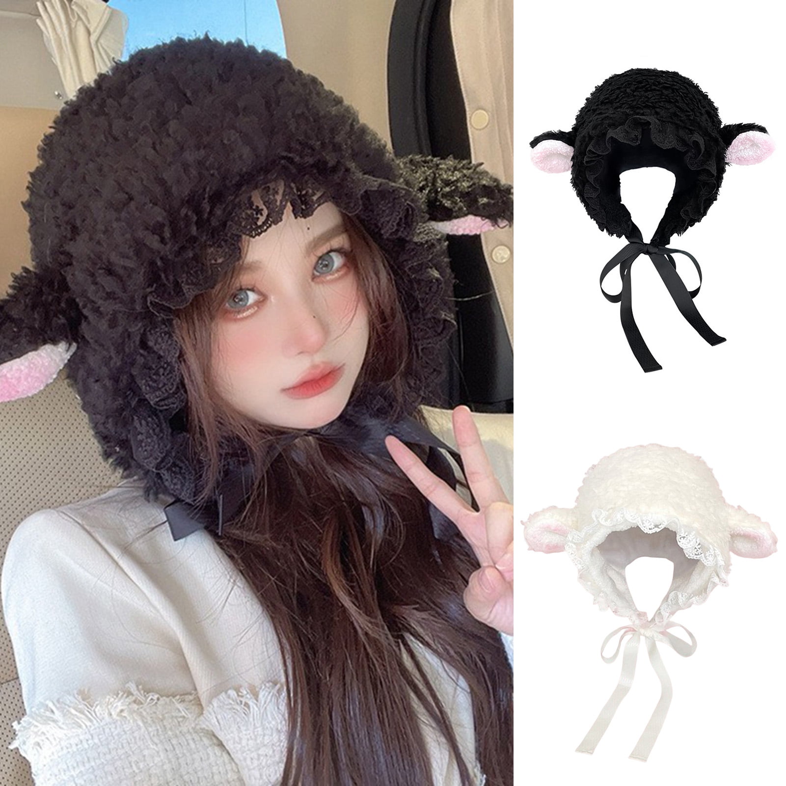 rygai Ladies Hat Photo Prop Sheep Ear Decor Solid Color Fluffy Thick Keep Warm Windproof Adjustable Winter Hat for Students,White