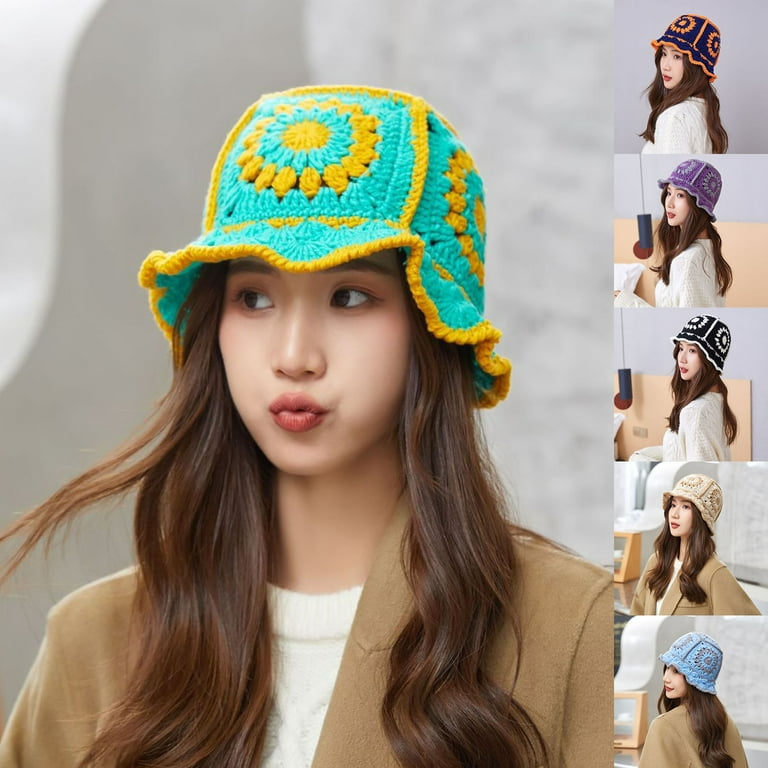 rygai Ladies Knitted Hat Hollow Out Wear-resistant Skin-friendly Crochet  Knitting Flower Pattern Knitted Bucket Hat for Outdoor Green with Yellow