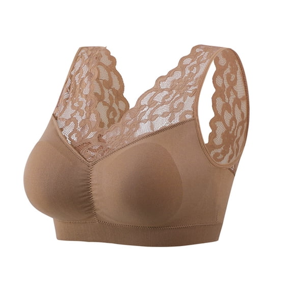 rygai Lady Bra Solid Color Wireless Lace See-through Hollow Out Push Up V Shape Back No Constraint Padded Brassiere Female Garment,Khaki,One Size
