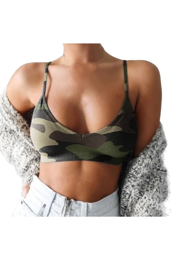 Lady Brassiere No Wire Wild Support Breast Camouflage Print Pullover Breathable Spaghetti Strap Plus Size Women Sports Bra for Home,Army Green,M