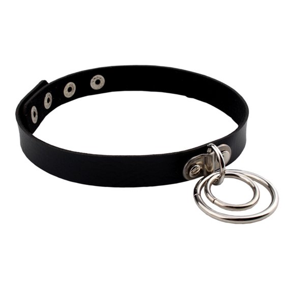 rygai Lady Punk Choker Double Rings Pendant Faux Leather Short Collar Necklace-Black