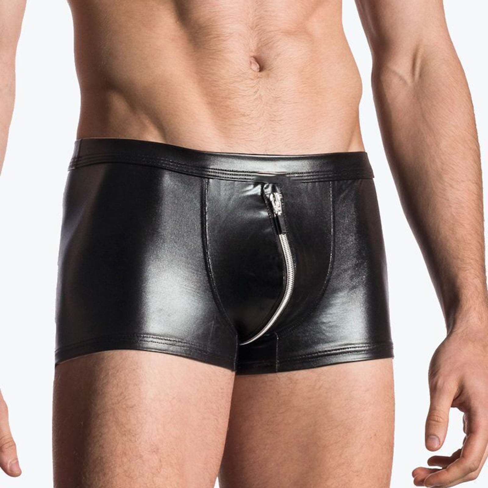 rygai Men Panties U Convex Open Crotch Zipper Underwear Faux Leather Good  Stretch Briefs Underpants for Living Room,Black M