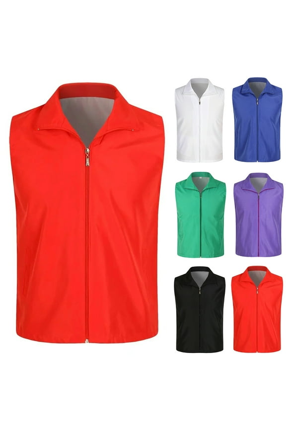 Men's Vest Lapel Sleeveless Pockets Zipper Placket Mesh Lining Outdoor Vest Volunteer Bright Color Slim Fit Work Waistcoat,Royal Blue,XL