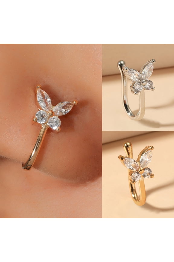 Nose Clip Non-Piercing U-shaped Sexy Retro Gift Bling Rhinestone Butterflies Fake Nose Cuff Hoop Ring Fashion Jewelry,Golden