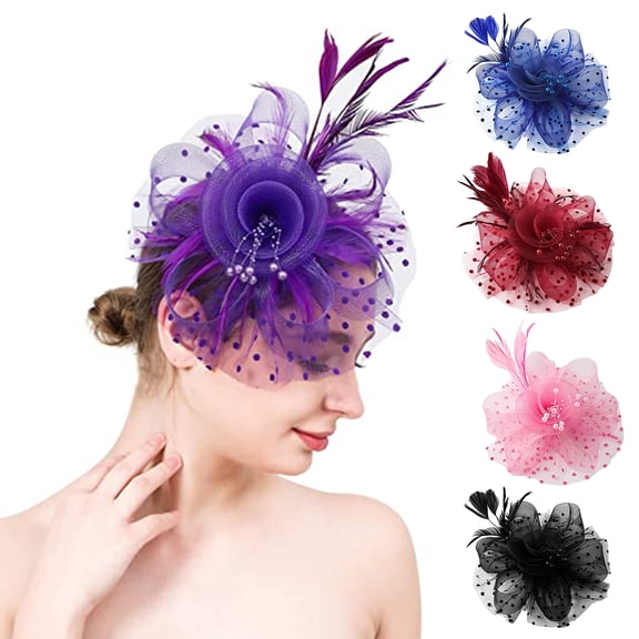 rygai Party Fascinator Hat Mesh Feather Flower Decor Headdress Wedding Headgear Faux Pearl Stage Performance Head Decor Hat Bridal Hair Ties,Purple