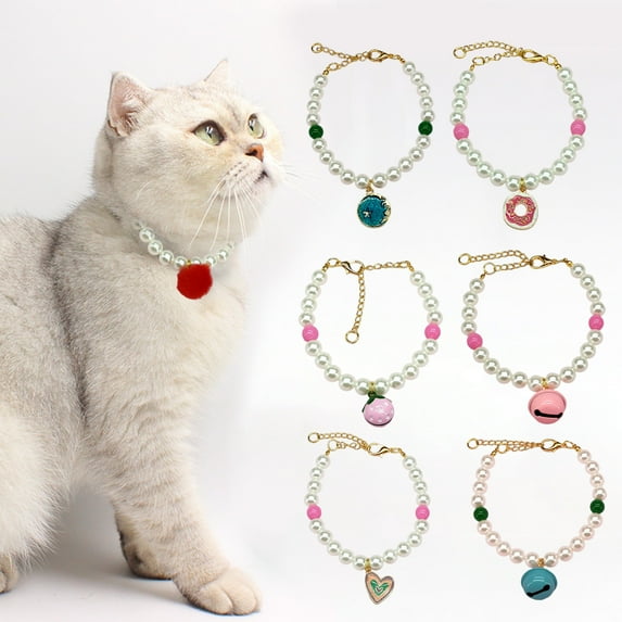 rygai Pet Necklace Adjustable Fake Pearl Decorative Bell Charm Cat Dog Necklace Collar Pet Supplies,Rose Red