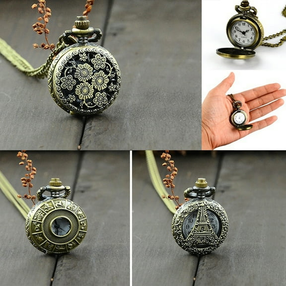 rygai Retro Vintage Steampunk Quartz Necklace Carving Pendant Chain Clock Pocket Watch,Flower