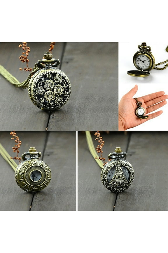 rygai Retro Vintage Steampunk Quartz Necklace Carving Pendant Chain Clock Pocket Watch,Flower