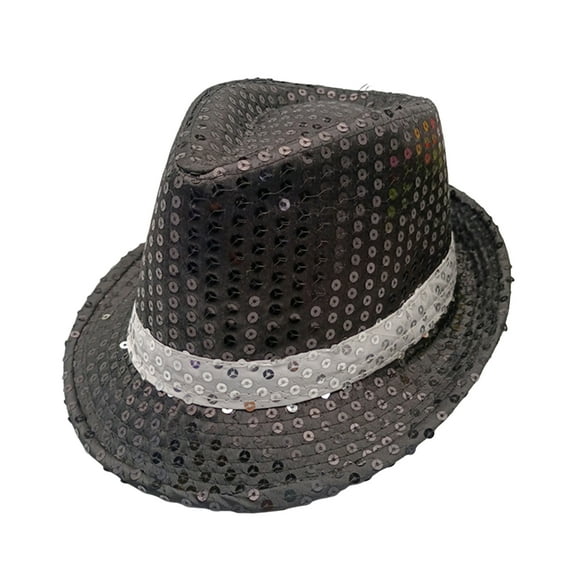 rygai Shining Short Brim Hemming Jazz Hat Adult Kids Sequins Decorated Stage Show Hat Party Supplies,Black White Adult
