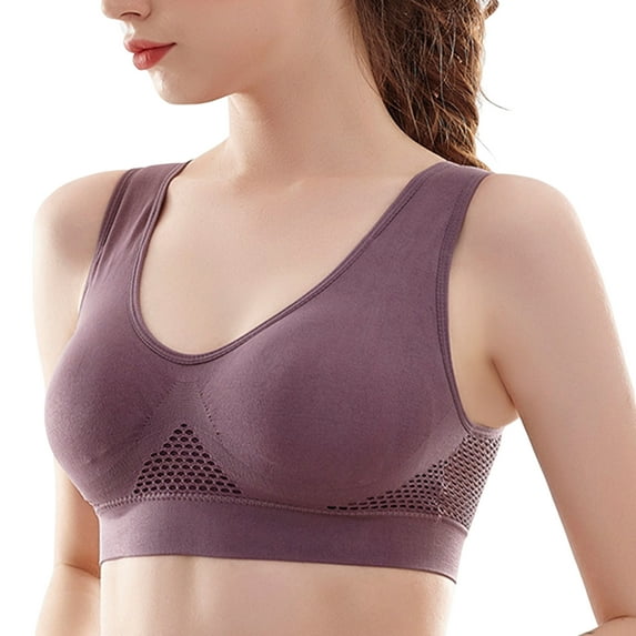 rygai Sports Bra Hollow Out Thin Padded Intimacy Comfortable Breathable Solid Color Breast Support U-shaped Back Women Bras Inner Wear Garment,Purple,XL