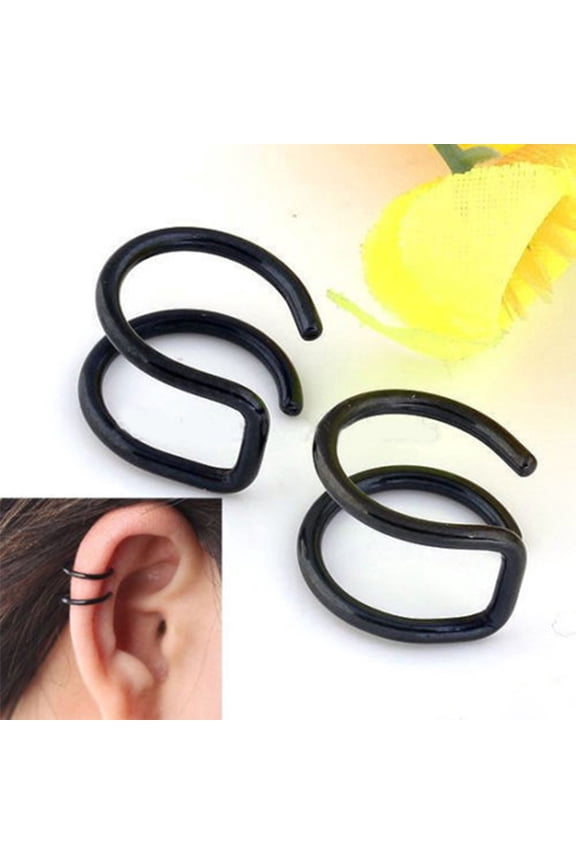 Stainless Steel 2-Row Fake Cartilage Ear Nose Lip Cuff Clip On Earrings Gift-Black