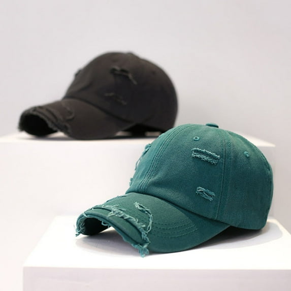 rygai Sun Extended Brim Adjustable Bucket Baseball Cap Distressed Ripped Hole Unisex Hat Accessories Navy Blue