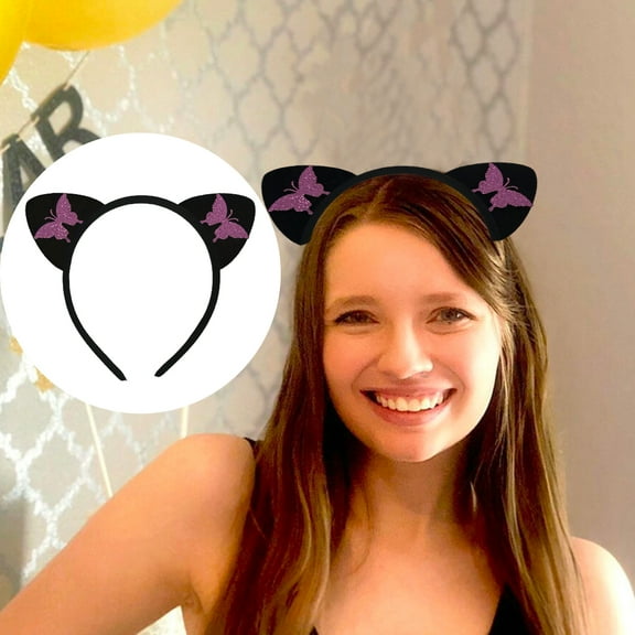 rygai Sweet Non-slip Flocking Cloth Club Headband Cute Butterflies Print Cat Ears Hair Hoop Hair Accessories,Black