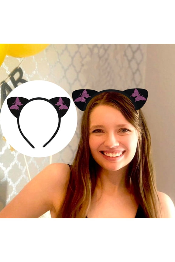 Sweet Non-slip Flocking Cloth Club Headband Cute Butterflies Print Cat Ears Hair Hoop Hair Accessories,Black