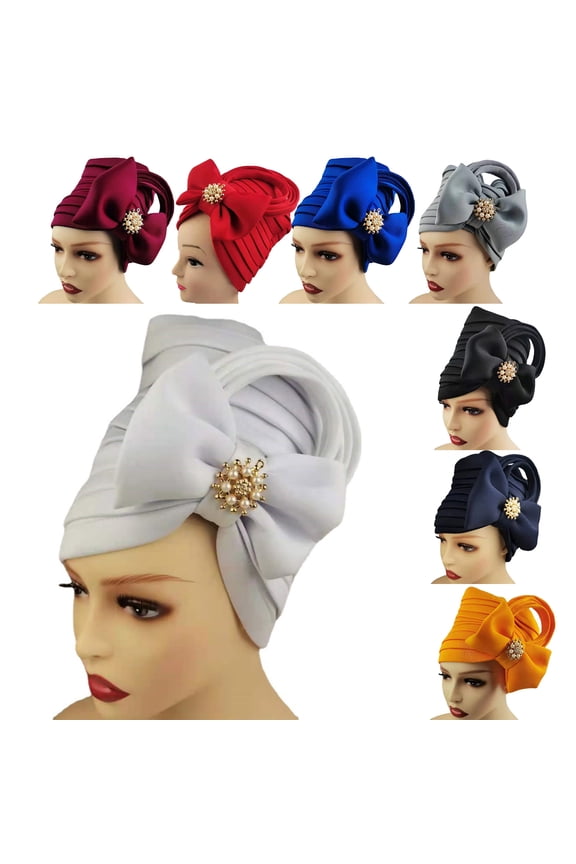 Turban Cap Bow Adjustable Women Satin Surface Breathable African Headwrap for Daily Wear Grey