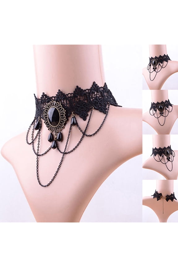 Vintage Black Rhinestone Chain Lace Choker Necklace Punk Rock Gothic Party Jewelry-