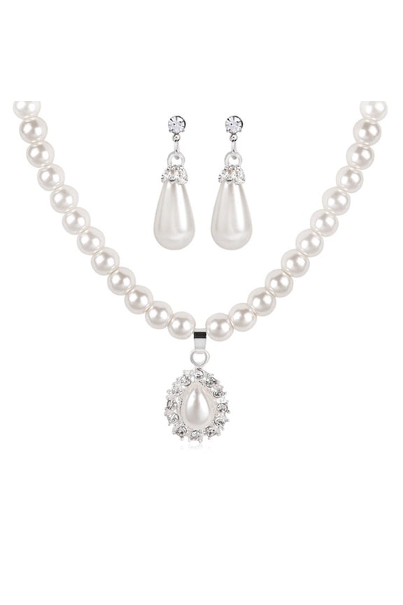 Water Drop Faux Pearl Beaded Rhinestone Bridal Necklace Earrings Jewelry Set,White