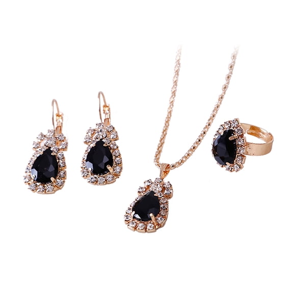 rygai Waterdrop Shiny Rhinestones Necklace Ring Earrings Women Jewelry Set-Dark Purple