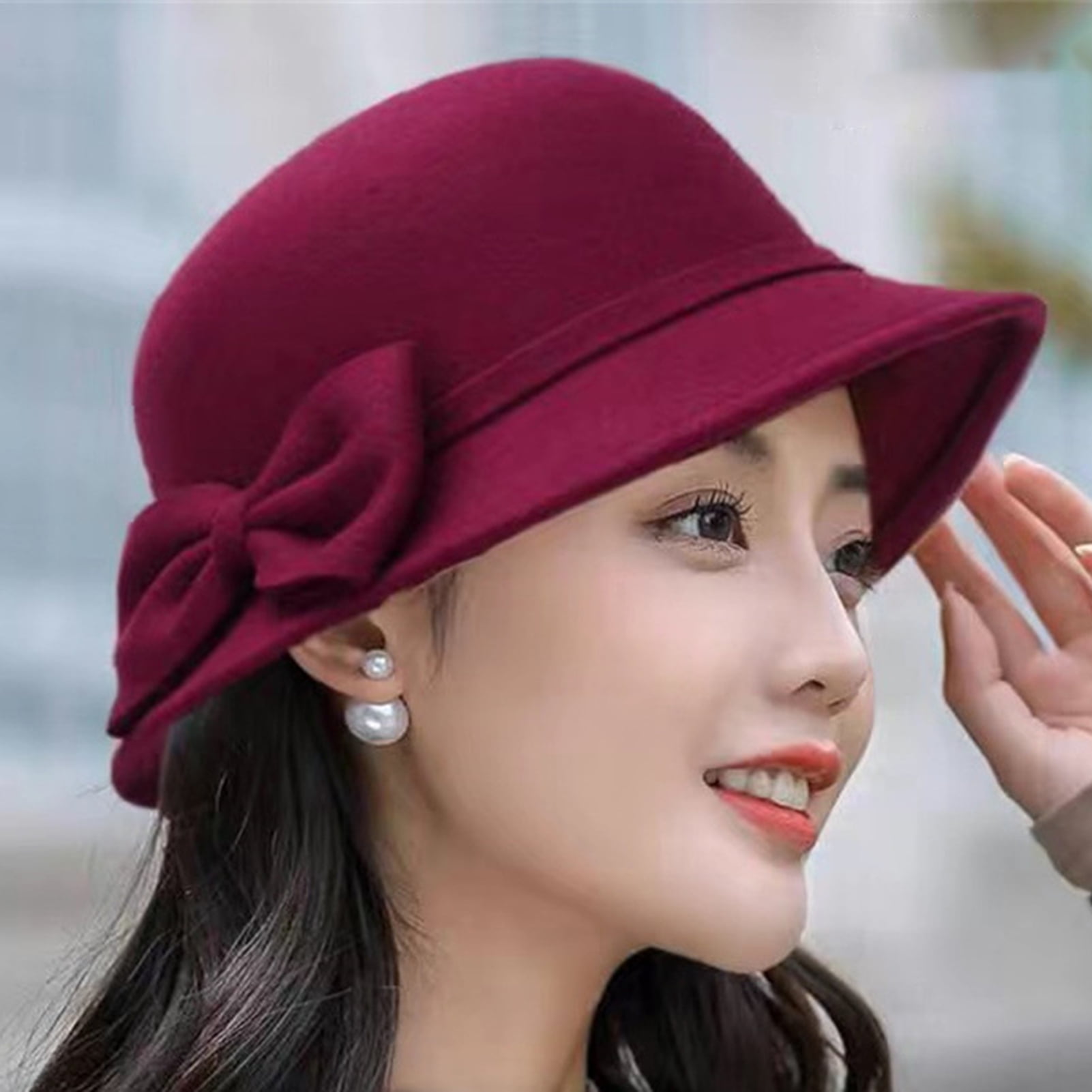 rygai Womens Hat Wide Brim Round Dome Warm Woolen Hat Women Autumn Winter  Elegant Bowknot Decor Felt Fedora Hat Daily Wear Rose Red 