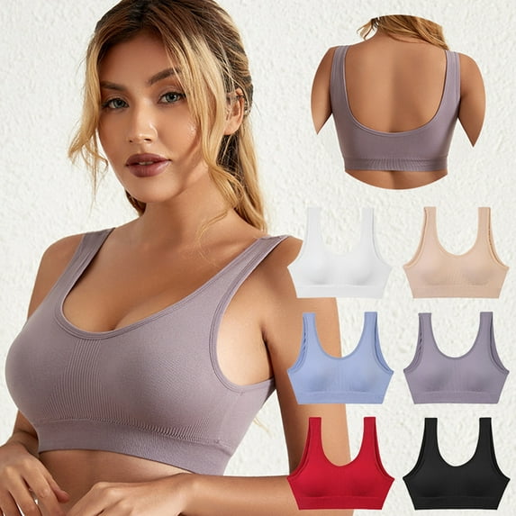rygai Wide Shoulder Straps U-Shape Beauty Back Wire Free Sport Bra Women Solid Color High Elastic Gym Vest,Blue,L