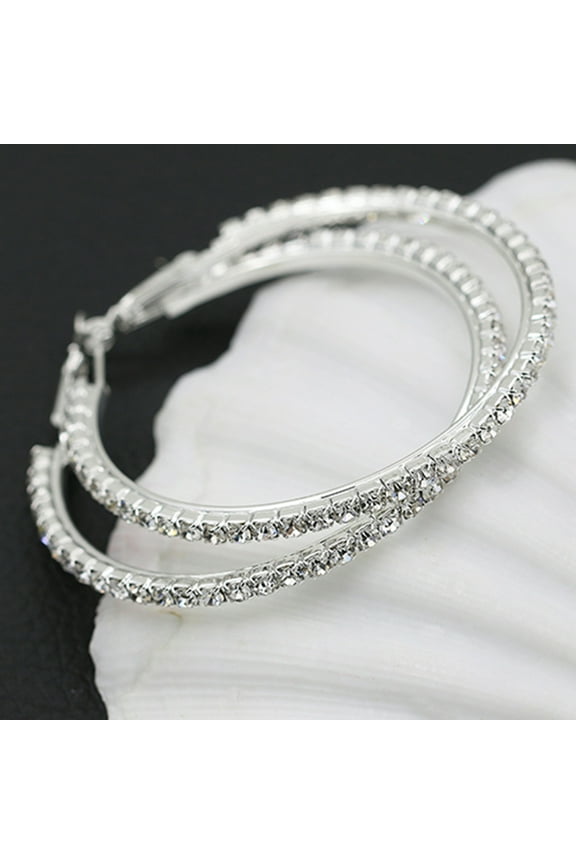 Women 1 Pair Crystal Earrings Rhinestone Hoop Circle Dangle Jewelry-Silver