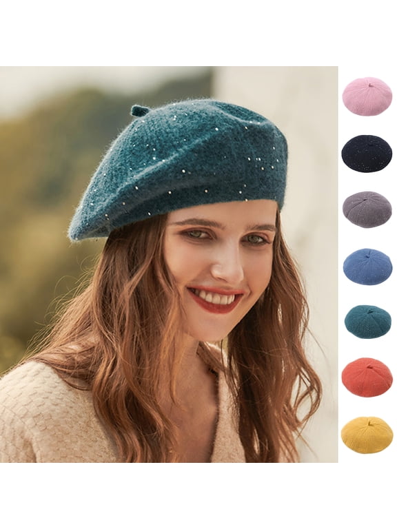 Women Beret Sequins Knitted Autumn Winter Brimless Shiny Hat for Outdoor Yellow