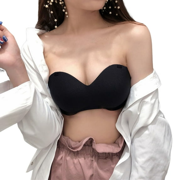 rygai Women Bra Convenient Shoulderless High Elasticity Push Up Backless Invisible Bra Daily Wear Clothes ,Black,One Size