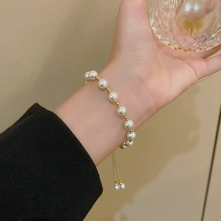 rygai Women Bracelet Beaded Adjustable Elegant Dainty Simple Style Gift  Golden High Gloss Faux Pearl Girls Bracelet Fashion Jewelry,Golden 