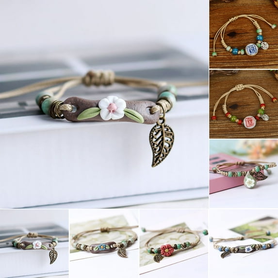 rygai Women Bracelet Handmade Braided Woven Ceramic Beads Hollow Leaf Ethnic Style Gift Adjustable Flower Charm Students Bracelet Rope Fashion Jewelry,Brown
